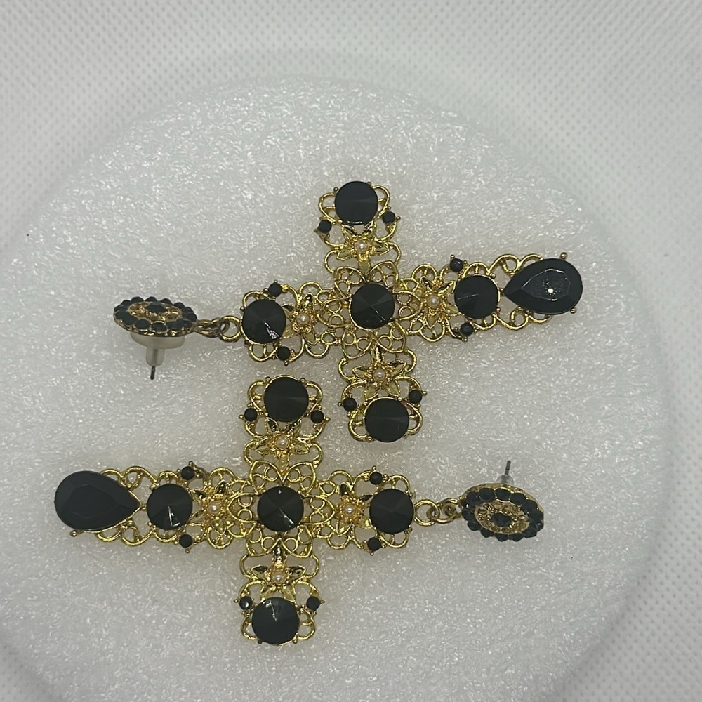 Statement Black & Gold Cross Earrings - Gothic, Victorian, Elegant 3.5" Drop - Picture 7 of 11